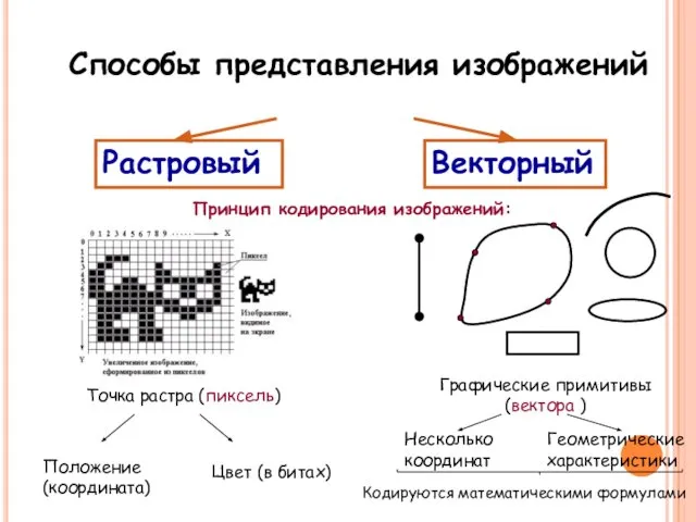 Способы представления изображений Растровый Векторный Принцип кодирования изображений: Точка растра (пиксель)