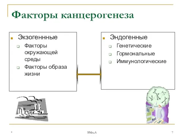 * ВМедА Факторы канцерогенеза Экзогеннные Факторы окружающей среды Факторы образа жизни Эндогенные Генетические Гормональные Иммунологические