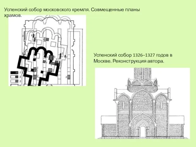 Успенский собор 1326–1327 годов в Москве. Реконструкция автора. Успенский собор московского кремля. Совмещенные планы храмов.