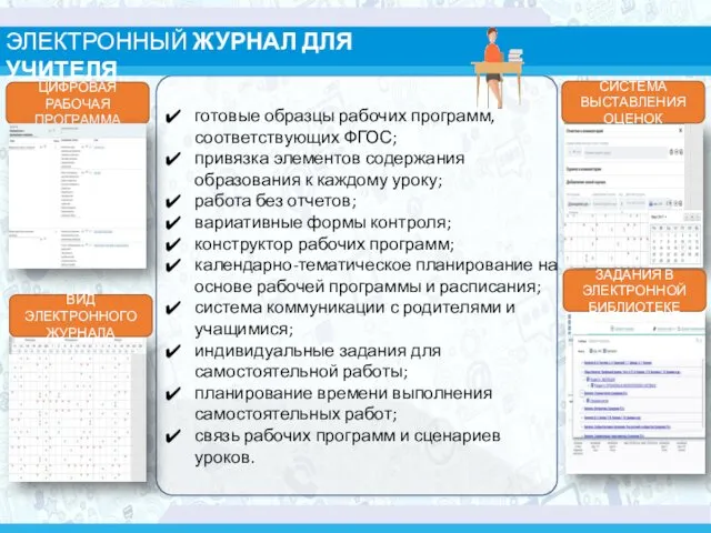 ЭЛЕКТРОННЫЙ ЖУРНАЛ ДЛЯ УЧИТЕЛЯ готовые образцы рабочих программ, соответствующих ФГОС; привязка