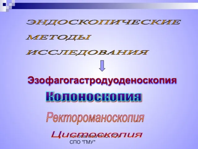 Коновалова Н.Ю. ГОУ СПО "ГМУ" ЭНДОСКОПИЧЕСКИЕ МЕТОДЫ ИССЛЕДОВАНИЯ Ректороманоскопия Колоноскопия Эзофагогастродуоденоскопия Цистоскопия