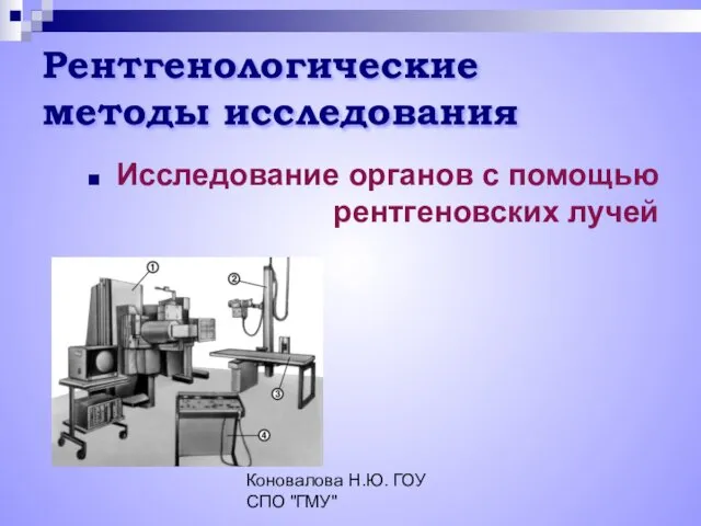 Коновалова Н.Ю. ГОУ СПО "ГМУ" Рентгенологические методы исследования Исследование органов с помощью рентгеновских лучей