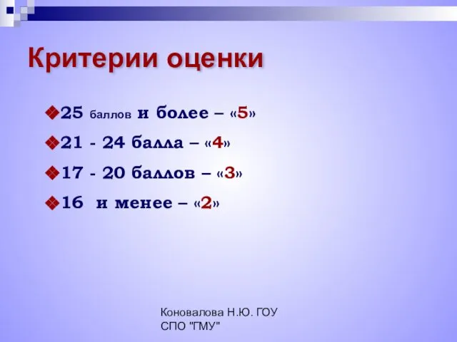 Коновалова Н.Ю. ГОУ СПО "ГМУ" Критерии оценки 25 баллов и более