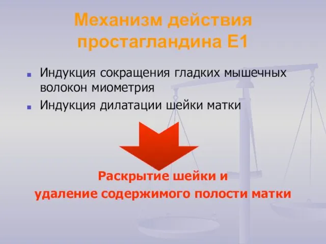 Механизм действия простагландина Е1 Индукция сокращения гладких мышечных волокон миометрия Индукция