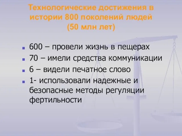 Технологические достижения в истории 800 поколений людей (50 млн лет) 600