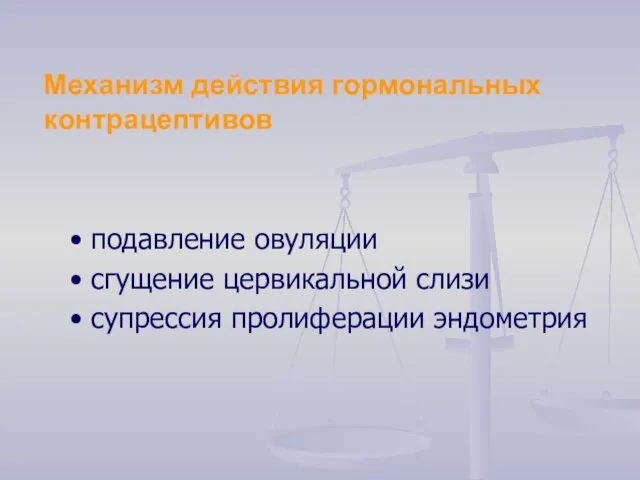 Механизм действия гормональных контрацептивов • подавление овуляции • сгущение цервикальной слизи • супрессия пролиферации эндометрия