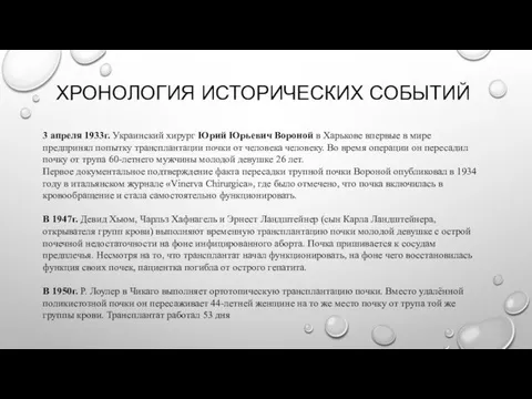 ХРОНОЛОГИЯ ИСТОРИЧЕСКИХ СОБЫТИЙ 3 апреля 1933г. Украинский хирург Юрий Юрьевич Вороной