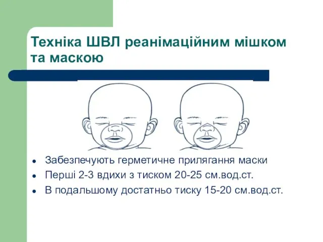 Техніка ШВЛ реанімаційним мішком та маскою Забезпечують герметичне прилягання маски Перші