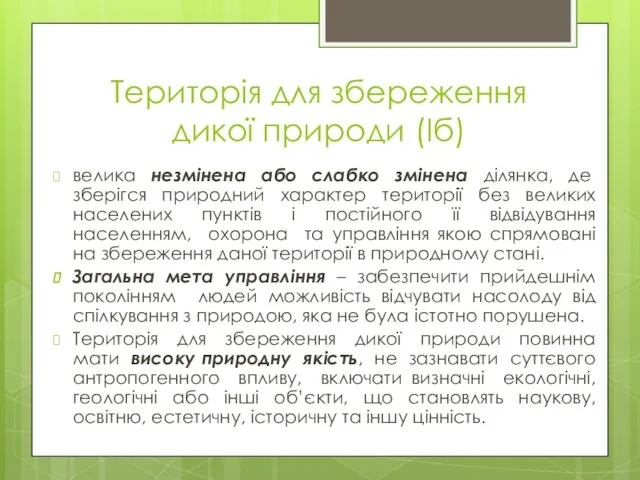 Територія для збереження дикої природи (Іб) велика незмінена або слабко змінена