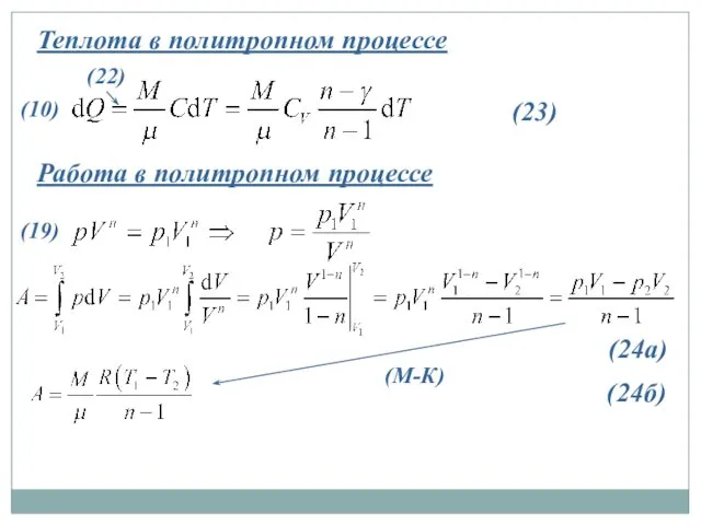 Теплота в политропном процессе Работа в политропном процессе (23) (24а) (24б) (10) (22) (19) (М-К)