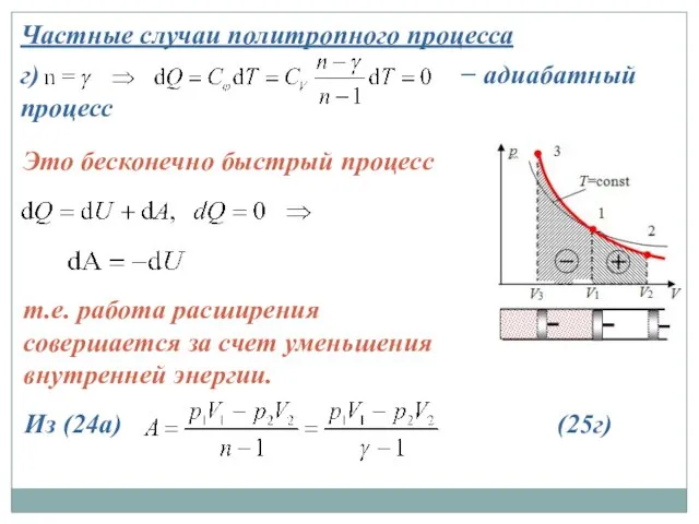 Частные случаи политропного процесса г) − адиабатный процесс Это бесконечно быстрый