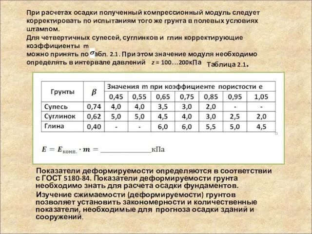 При расчетах осадки полученный компрессионный модуль следует корректировать по испытаниям того