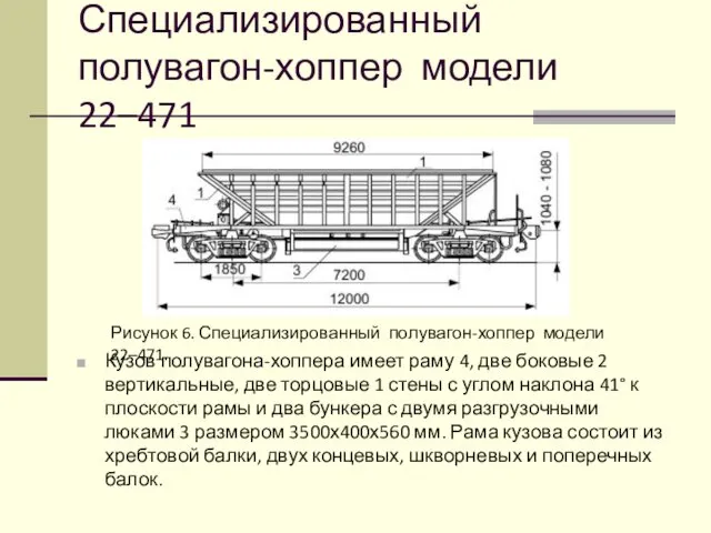 Специализированный полувагон-хоппер модели 22–471 Кузов полувагона-хоппера имеет раму 4, две боковые