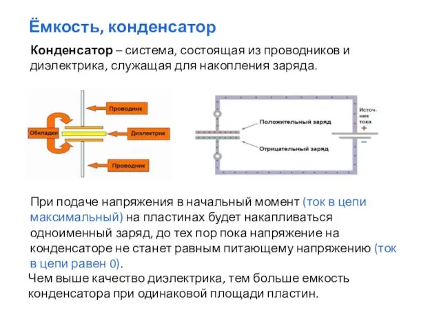 Ёмкость, конденсатор Конденсатор – система, состоящая из проводников и диэлектрика, служащая