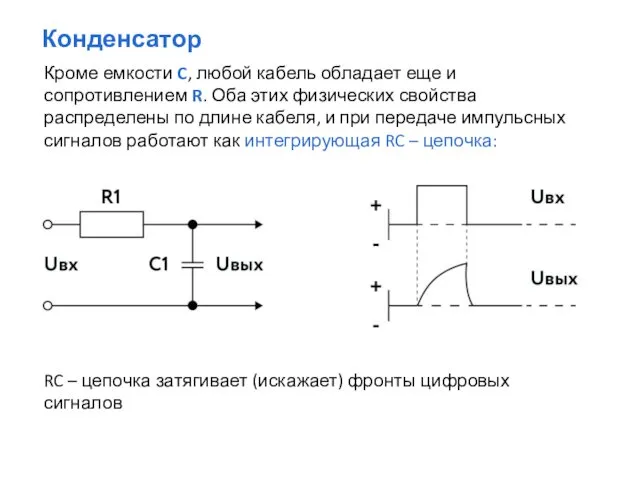 Конденсатор RC – цепочка затягивает (искажает) фронты цифровых сигналов Кроме емкости