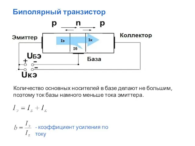 Биполярный транзистор Количество основных носителей в базе делают не большим, поэтому