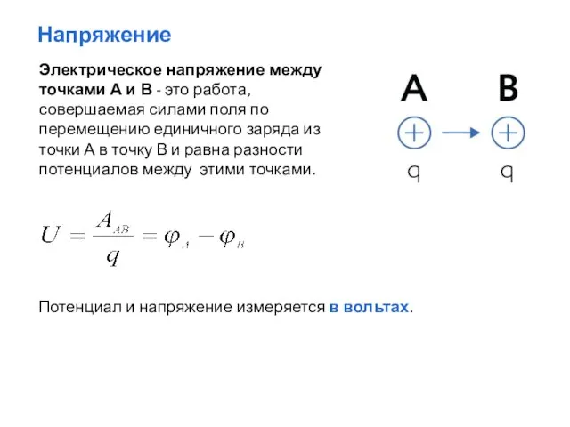 Электрическое напряжение между точками А и В - это работа, совершаемая