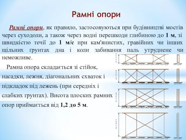 Рамні опори, як правило, застосовуються при будівництві мостів через суходоли, а