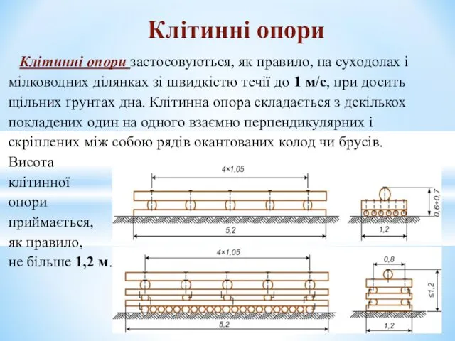 Клітинні опори застосовуються, як правило, на суходолах і мілководних ділянках зі