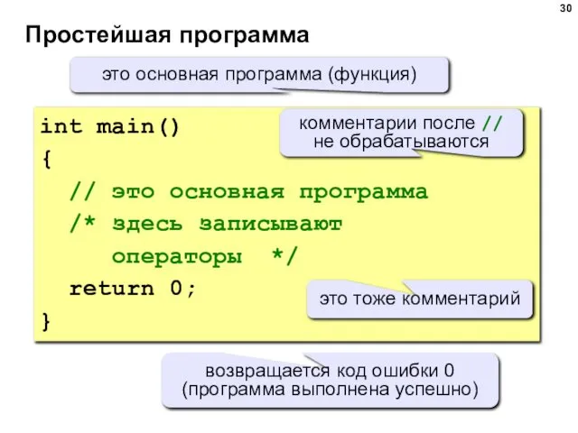 Простейшая программа int main() { // это основная программа /* здесь