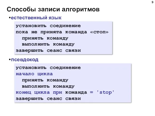 Способы записи алгоритмов естественный язык псевдокод установить соединение пока не принята