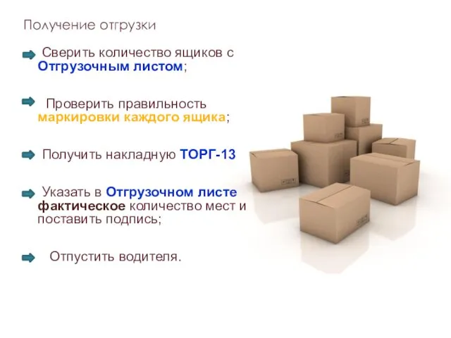 Получение отгрузки Сверить количество ящиков с Отгрузочным листом; Проверить правильность маркировки