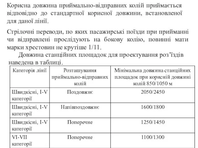 Корисна довжина приймально-відправних колій приймається відповідно до стандартної корисної довжини, встановленої