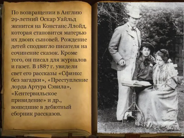 По возвращении в Англию 29-летний Оскар Уайльд женится на Констанс Ллойд,