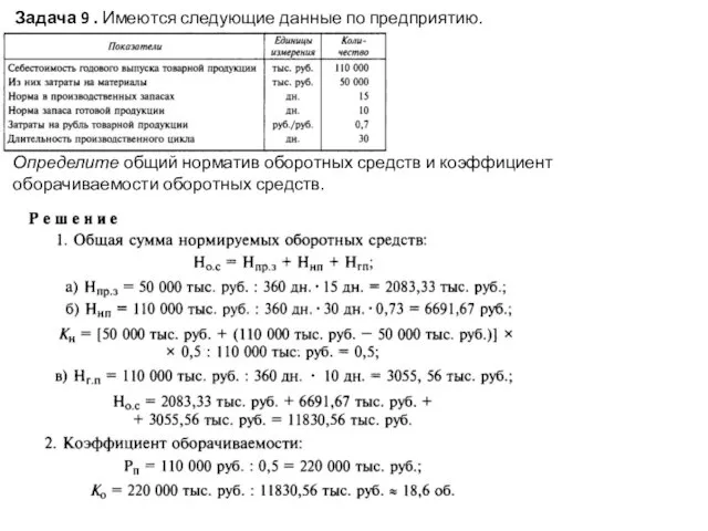 Задача 9 . Имеются следующие данные по предприятию. Определите общий норматив