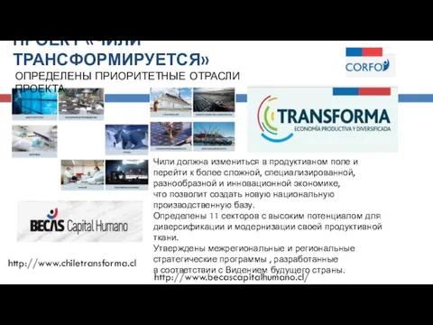 ПРОЕКТ «ЧИЛИ ТРАНСФОРМИРУЕТСЯ» http://www.chiletransforma.cl ОПРЕДЕЛЕНЫ ПРИОРИТЕТНЫЕ ОТРАСЛИ ПРОЕКТА Чили должна измениться