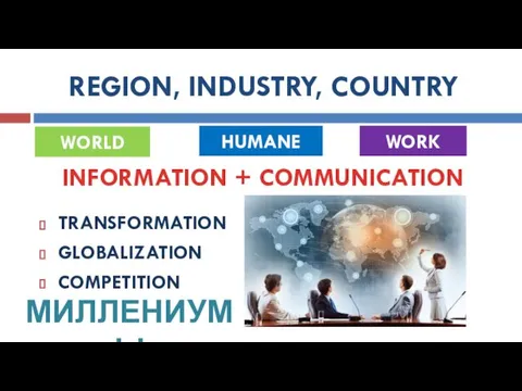 REGION, INDUSTRY, COUNTRY TRANSFORMATION GLOBALIZATION COMPETITION WORLD HUMANE WORK INFORMATION + COMMUNICATION МИЛЛЕНИУМЫ