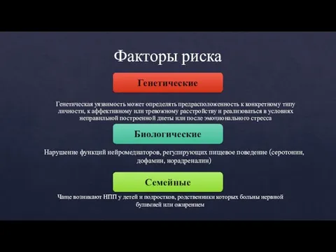 Факторы риска Нарушение функций нейромедиаторов, регулирующих пищевое поведение (серотонин, дофамин, норадреналин)