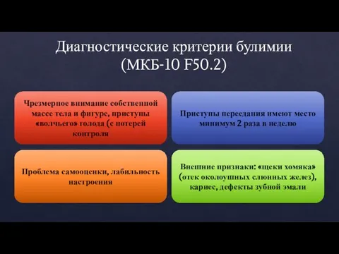 Диагностические критерии булимии (МКБ-10 F50.2) Внешние признаки: «щеки хомяка» (отек околоушных