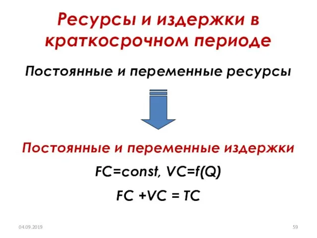 Ресурсы и издержки в краткосрочном периоде Постоянные и переменные ресурсы Постоянные