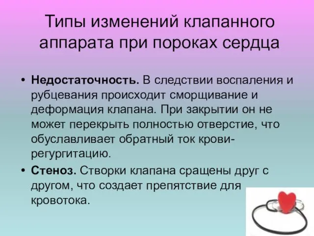 Типы изменений клапанного аппарата при пороках сердца Недостаточность. В следствии воспаления