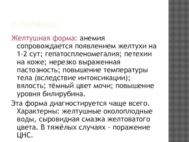 КЛИНИКА: Желтушная форма: анемия сопровождается появлением желтухи на 1-2 сут; гепатоспленомегалия;