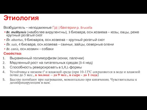 Возбудитель – неподвижные Гр(-) бактерии р. Brucella Br. melitensis (наиболее вирулентны),