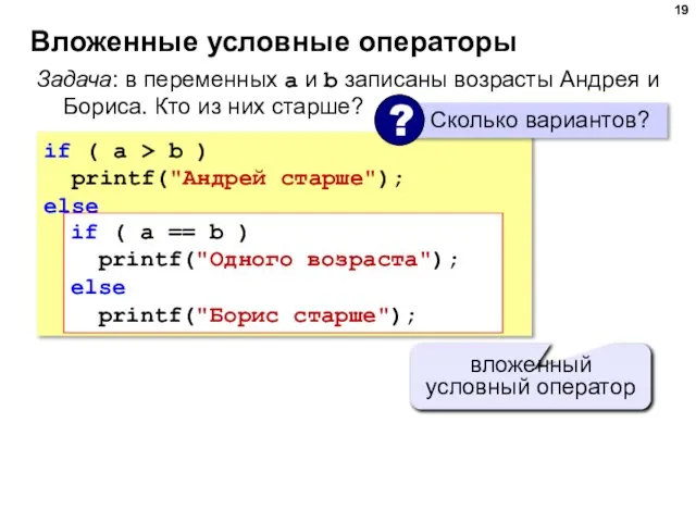 Вложенные условные операторы if ( a > b ) printf("Андрей старше");