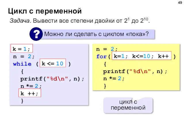 Цикл с переменной Задача. Вывести все степени двойки от 21 до