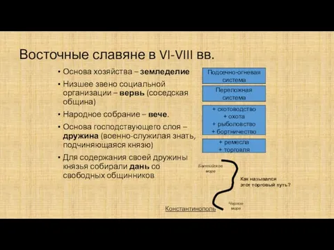 Восточные славяне в VI-VIII вв. Основа хозяйства – земледелие Низшее звено