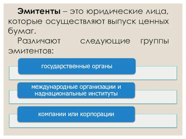 Эмитенты – это юридические лица, которые осуществляют выпуск ценных бумаг. Различают следующие группы эмитентов: