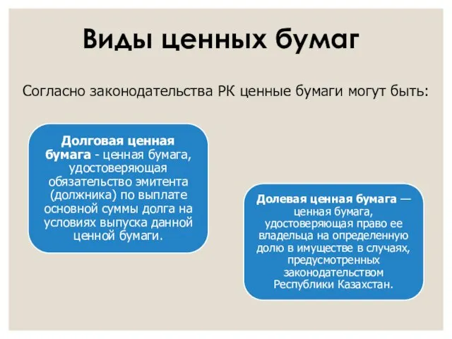 Согласно законодательства РК ценные бумаги могут быть: Виды ценных бумаг