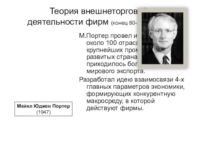 Теория внешнеторговой деятельности фирм (конец 80-х гг. XX века) М.Портер провел