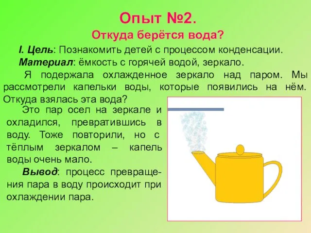 Опыт №2. Откуда берётся вода? I. Цель: Познакомить детей с процессом