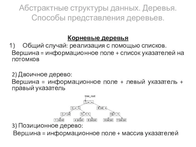 Абстрактные структуры данных. Деревья. Способы представления деревьев. Корневые деревья Общий случай: