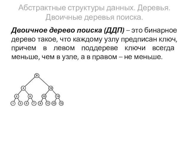 Абстрактные структуры данных. Деревья. Двоичные деревья поиска. Двоичное дерево поиска (ДДП)