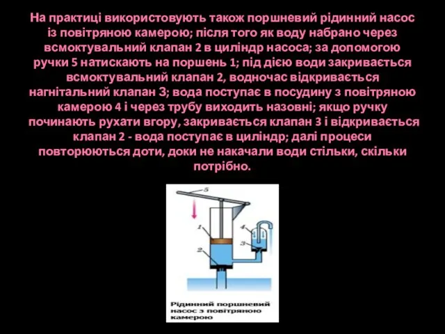 На практиці використовують також поршневий рідинний насос із повітряною камерою; після