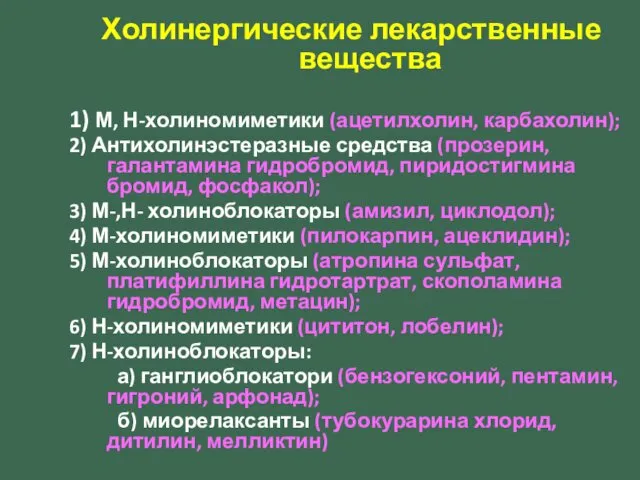 Холинергические лекарственные вещества 1) М, Н-холиномиметики (ацетилхолин, карбахолин); 2) Антихолинэстеразные средства