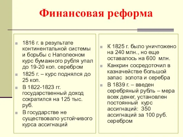Финансовая реформа 1816 г. в результате континентальной системы и борьбы с