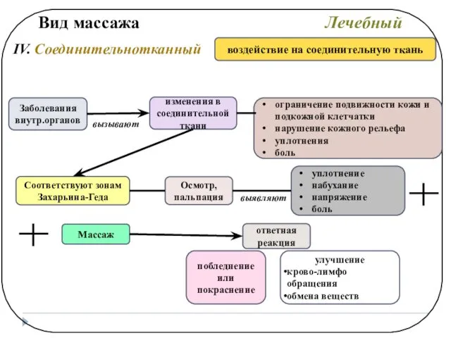 Вид массажа Лечебный IV. Соединительнотканный воздействие на соединительную ткань Заболевания внутр.органов